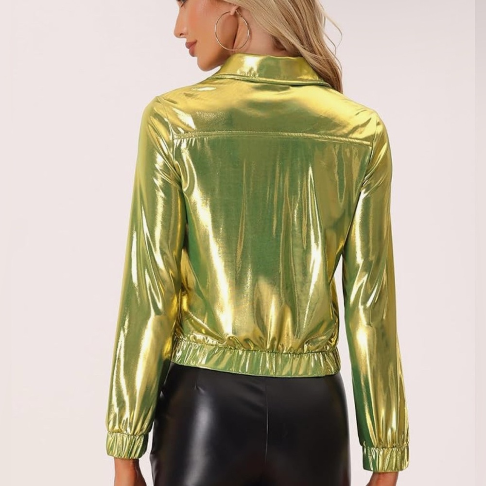 Metallic Green Collared Bomber Long Sleeve Jacket with Pockets - Picture 5 of 7